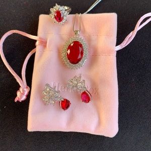 NWOT  Red And White Zircon Earrings, Necklace And Ring